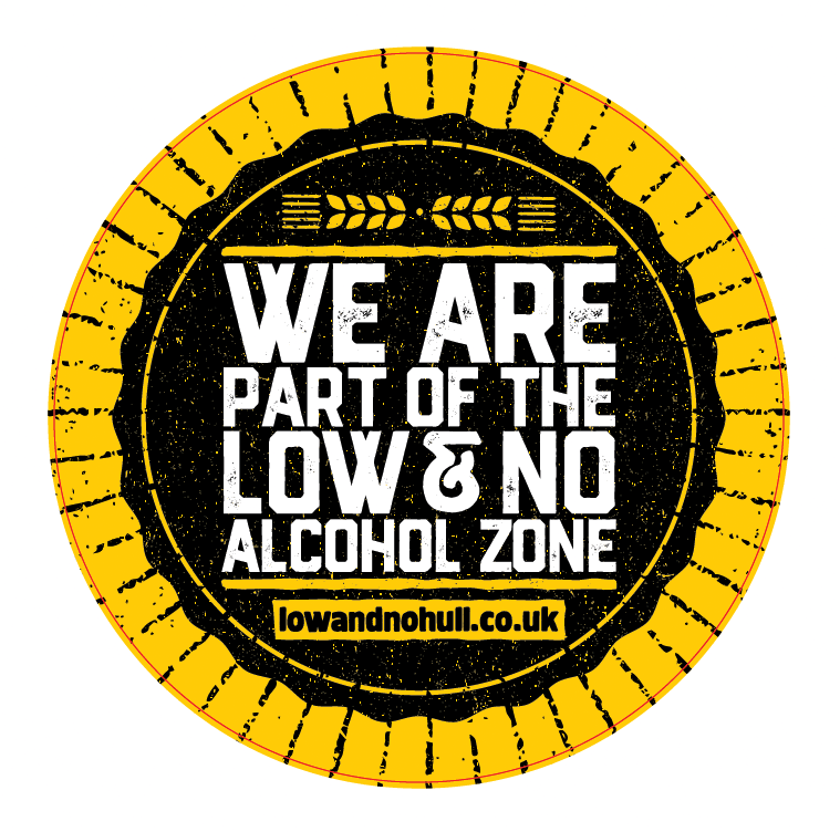 The black and yellow window stickers for businesses participating in the Low and No Alcohol Zones