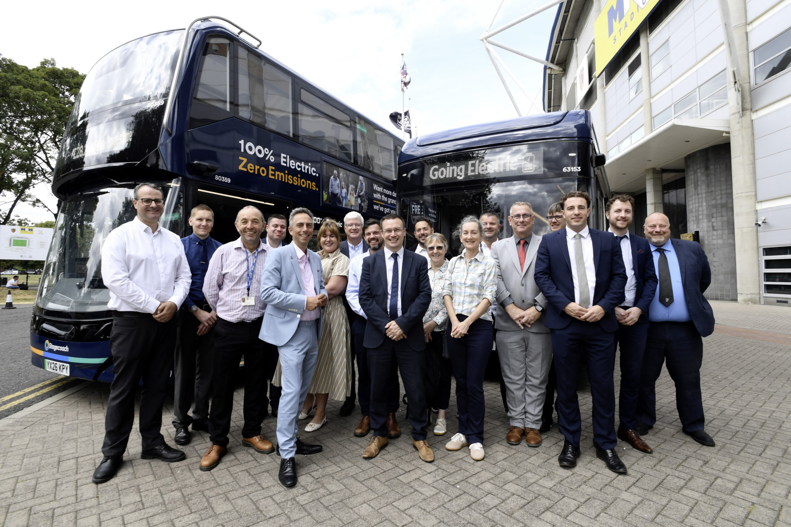 Dignitaries from Stagecoach East Midlands, Hull City Council and Stagecoach East Midlands with some of the operator's new vehicles at the MKM Stadium.