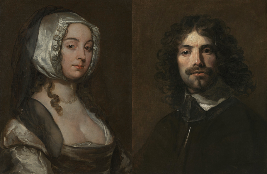 two oil paintings side by side - one female, one male