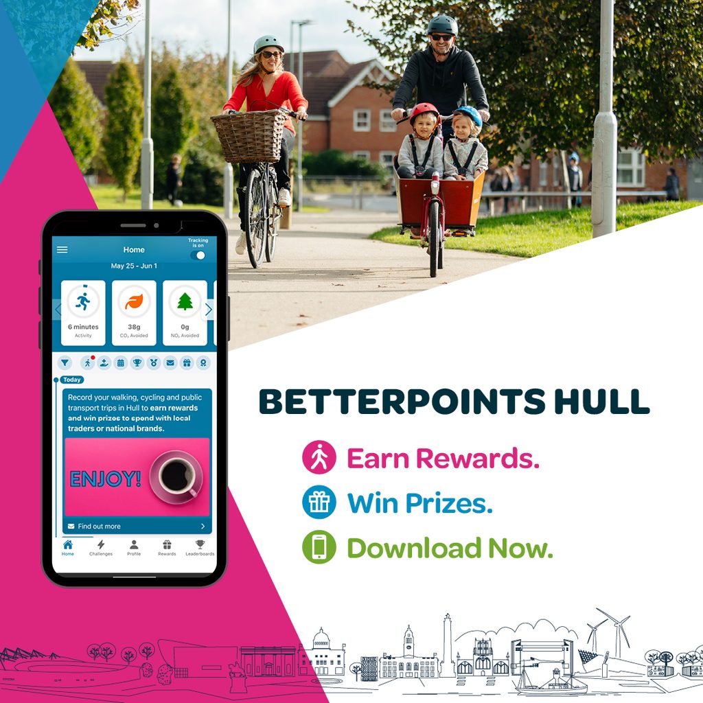 A promotional graphic for BetterPoints Hull, featuring a family cycling in Kingswood.