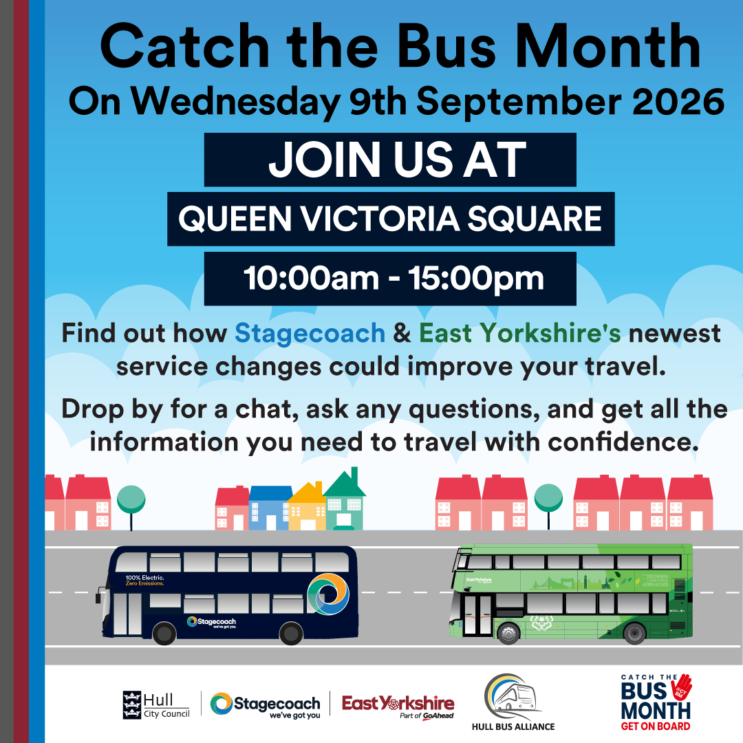 A graphic promoting a Hull Bus Alliance drop-in event for Catch The Bus Month.