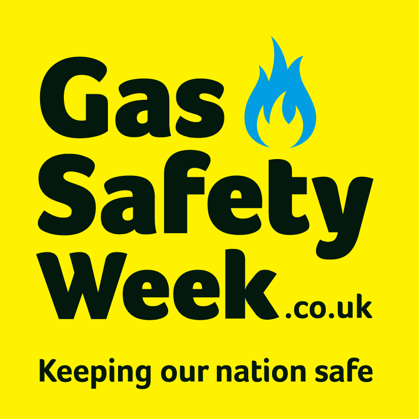 Gas Safety Week logo with black text on yellow background saying 'Gas Safety Week - keeping our nation safe'