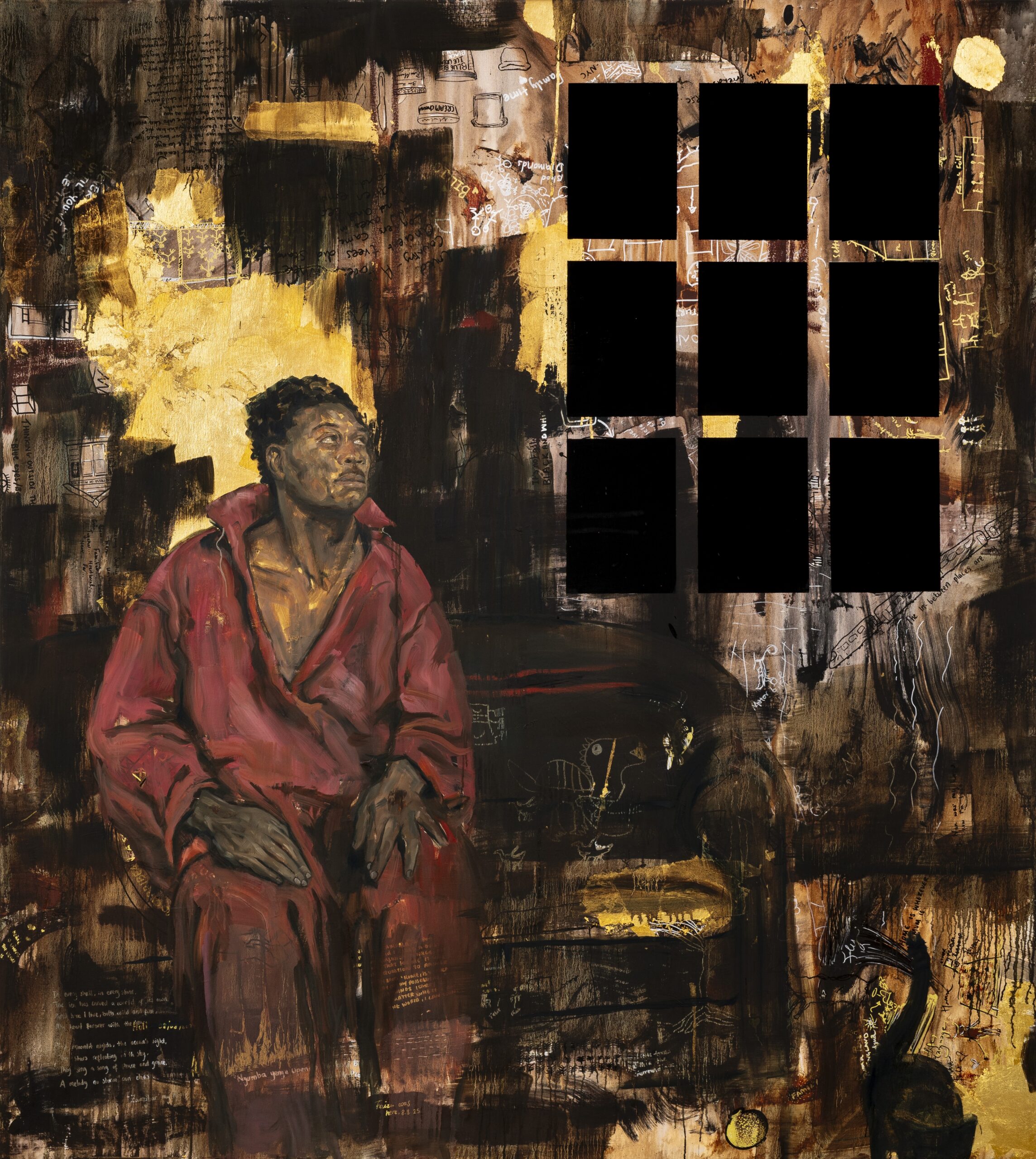 A painting of a man dressed in red sat next to a window