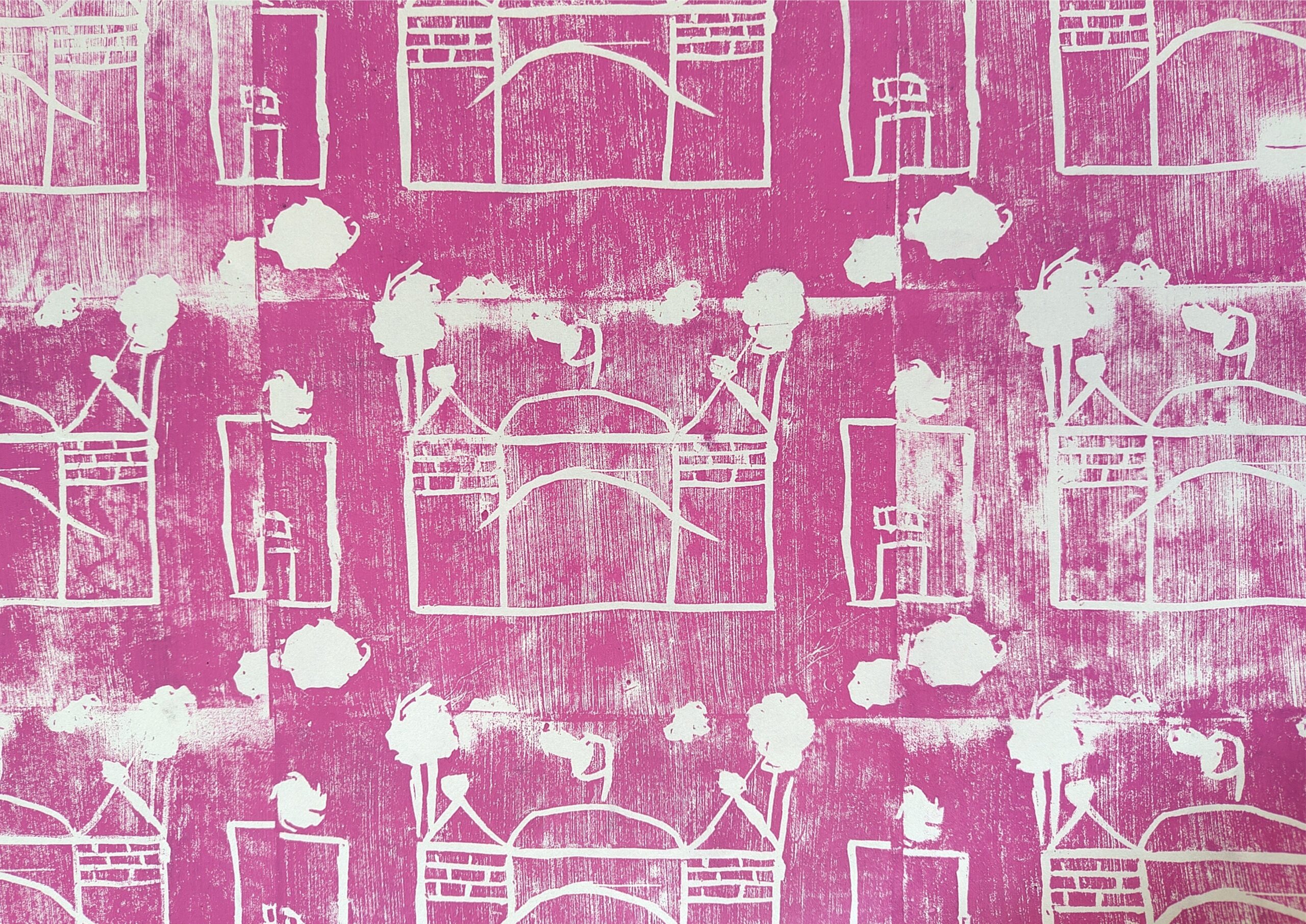 pink backround with white outlines of drawn houses and white clouds