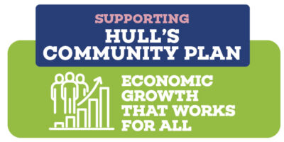 A graphic showing Hull's Community Plan, and the Economic Growth That Works For All ambition of the plan.
