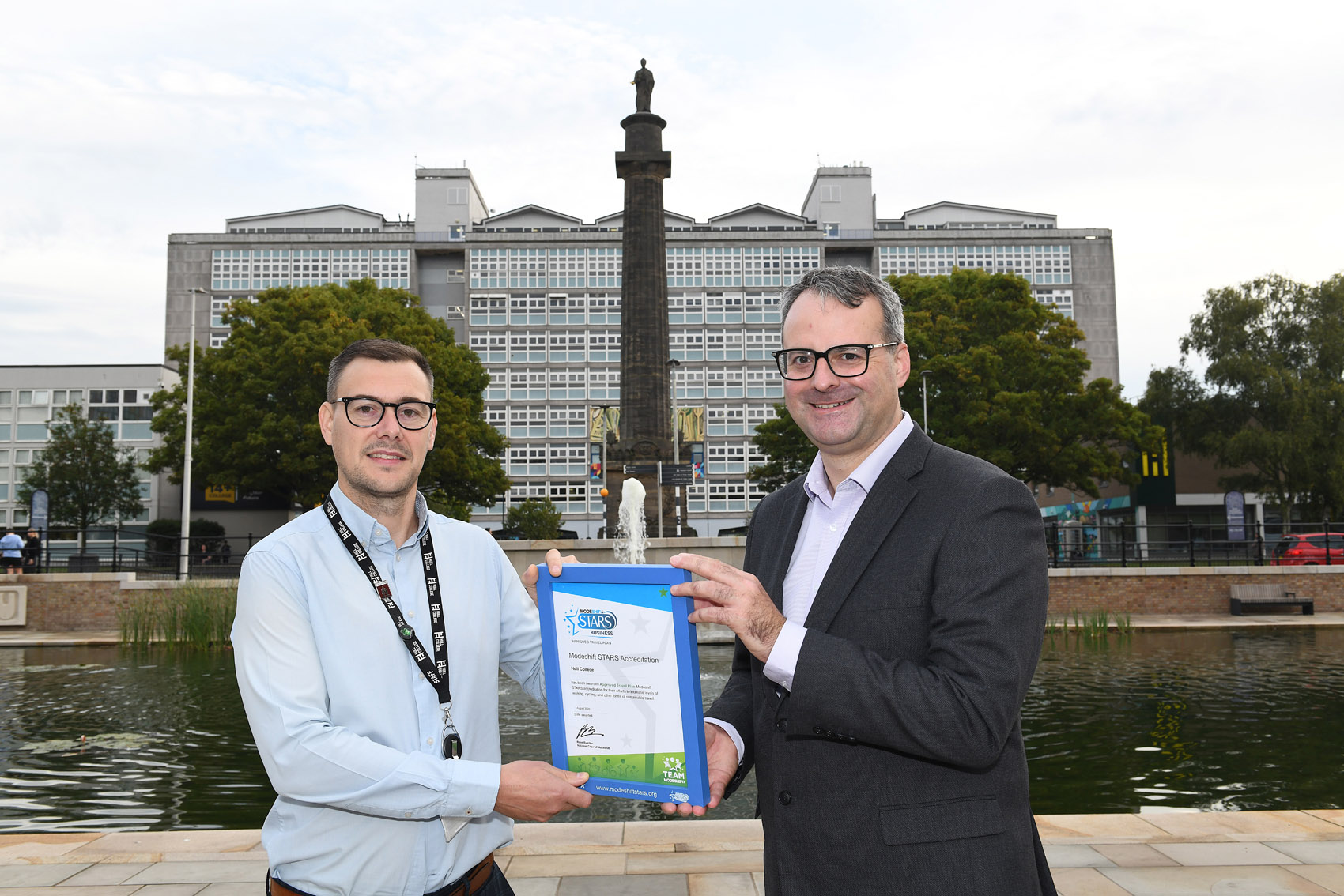Matthew Blowman, director of facilities and infrastructure at Hull College, receives a Modeshift STARS certificate from Councillor Mark Ieronimo, cabinet portfolio holder for transport and infrastructure at Hull City Council, recognising the college’s work to promote active and sustainable travel
