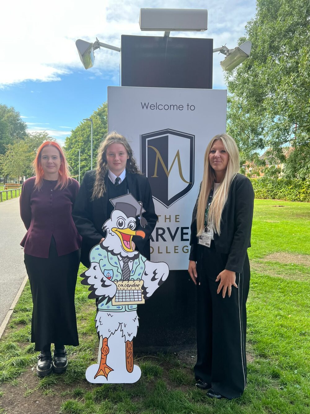 Sam Wilson, Design and Technology teacher at The Marvell College, Brooke from The Marvell College and Emma Davidson, Senior Education Welfare Officer at Hull City Council. They are stood with a model of Gully, the new seagull mascot.